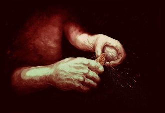 Artist's impression of sparks from flint and pyrite