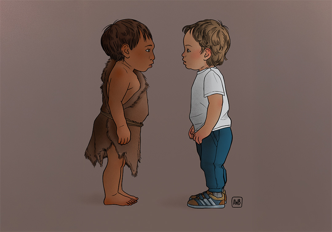 Comparison of a Neanderthal (left) and a modern human (right). Illustration by Alice Walczer Baldinazzo.