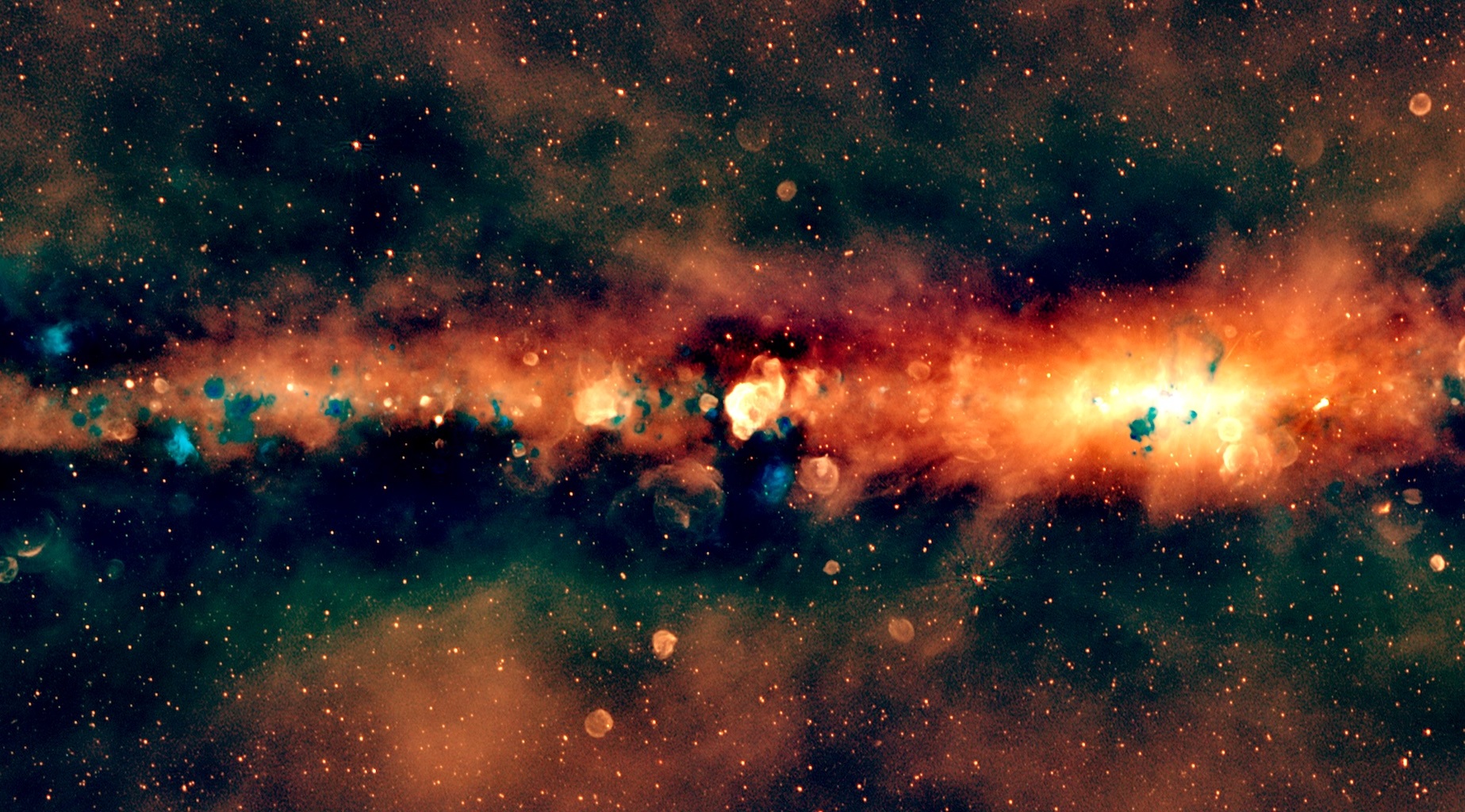Caption: The GLEAM-X view of the Milky Way, as seen from the southern hemisphere, in radio colour. [CROPPED - see attachments for full image] Credit: Silvia Mantovanini & the GLEAM-X Team
