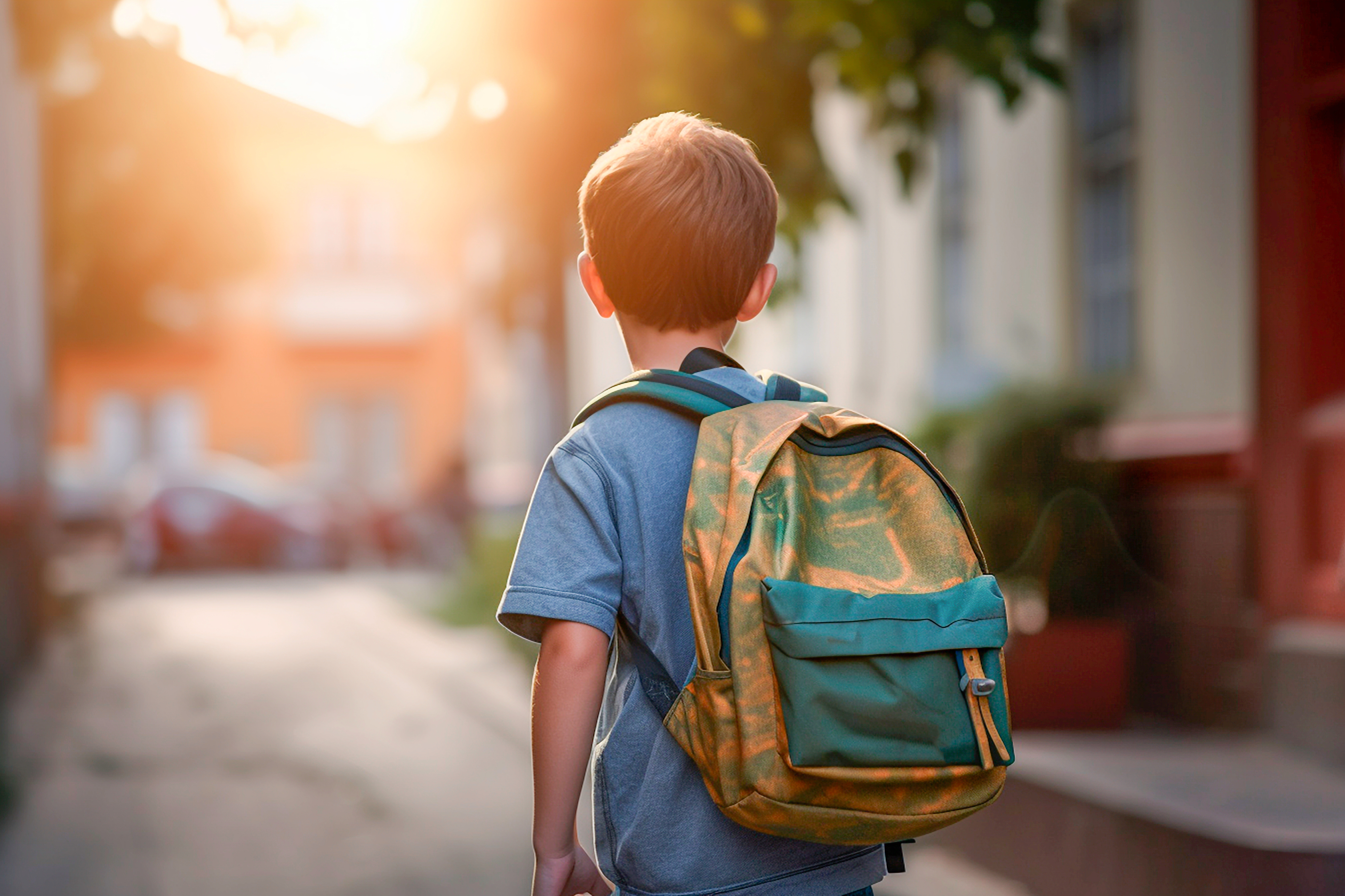 Little kid with a backpack at his first day of school. Back view. By Victor