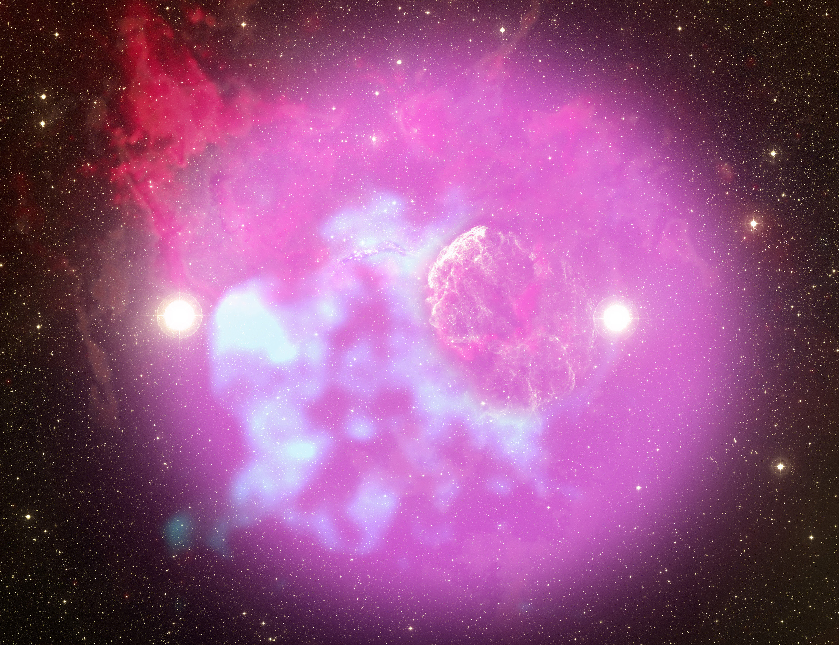 Credit: NASA Goddard Space Flight Center and M. Michailidis et al. 2026; orange, brown: radio, ESA/Planck and MWISP; yellow: optical, DSS; red: infrared, NASA/WISE; violet: ultraviolet, NASA/Swift; teal: X-rays, SRG/eROSITA; magenta: gamma rays, NASA/DOE/Fermi LAT Collaboration