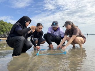 The research team conducts a percent-cover estimation of the seagrass meadow.