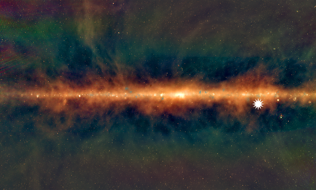 This image shows a new view of the Milky Way from the Murchison Widefield Array, with the lowest frequencies in red, middle frequencies in green, and the highest frequencies in blue. The star icon shows the position of the mysterious repeating transient. Credit: Dr Natasha Hurley-Walker (ICRAR/Curtin) and the GLEAM Team.