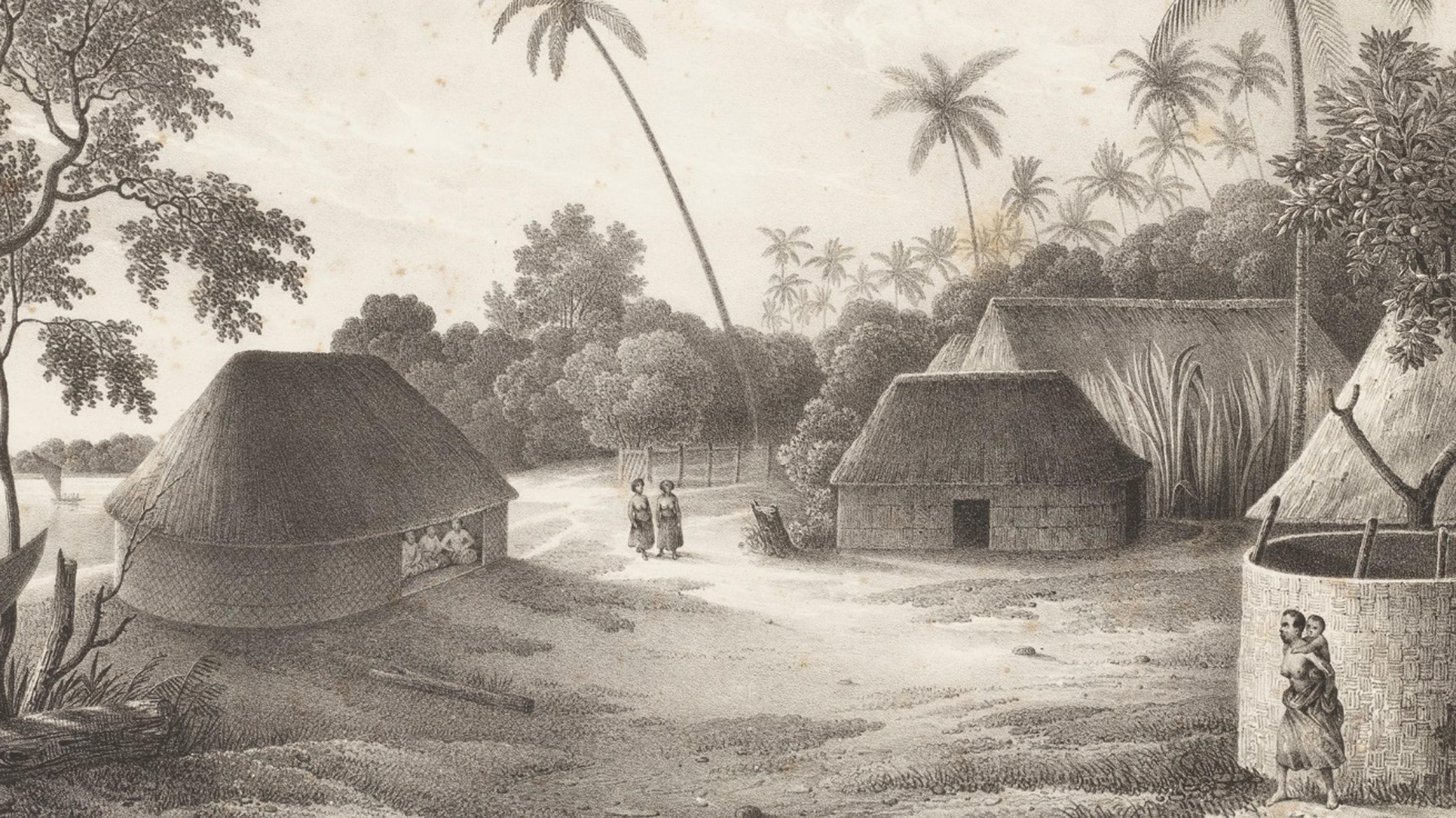 An engraving by Louie-Auguste de Sainson depicting a residential dwelling (left) constructed on top of a mound approximately one metre tall. Image from the collections of the State Library of New South Wales.