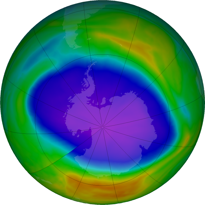 The 2021 Antarctic ozone hole reached its maximum area on Oct. 7 and ranks 13th largest since 1979. Credits: NASA Ozone Watch