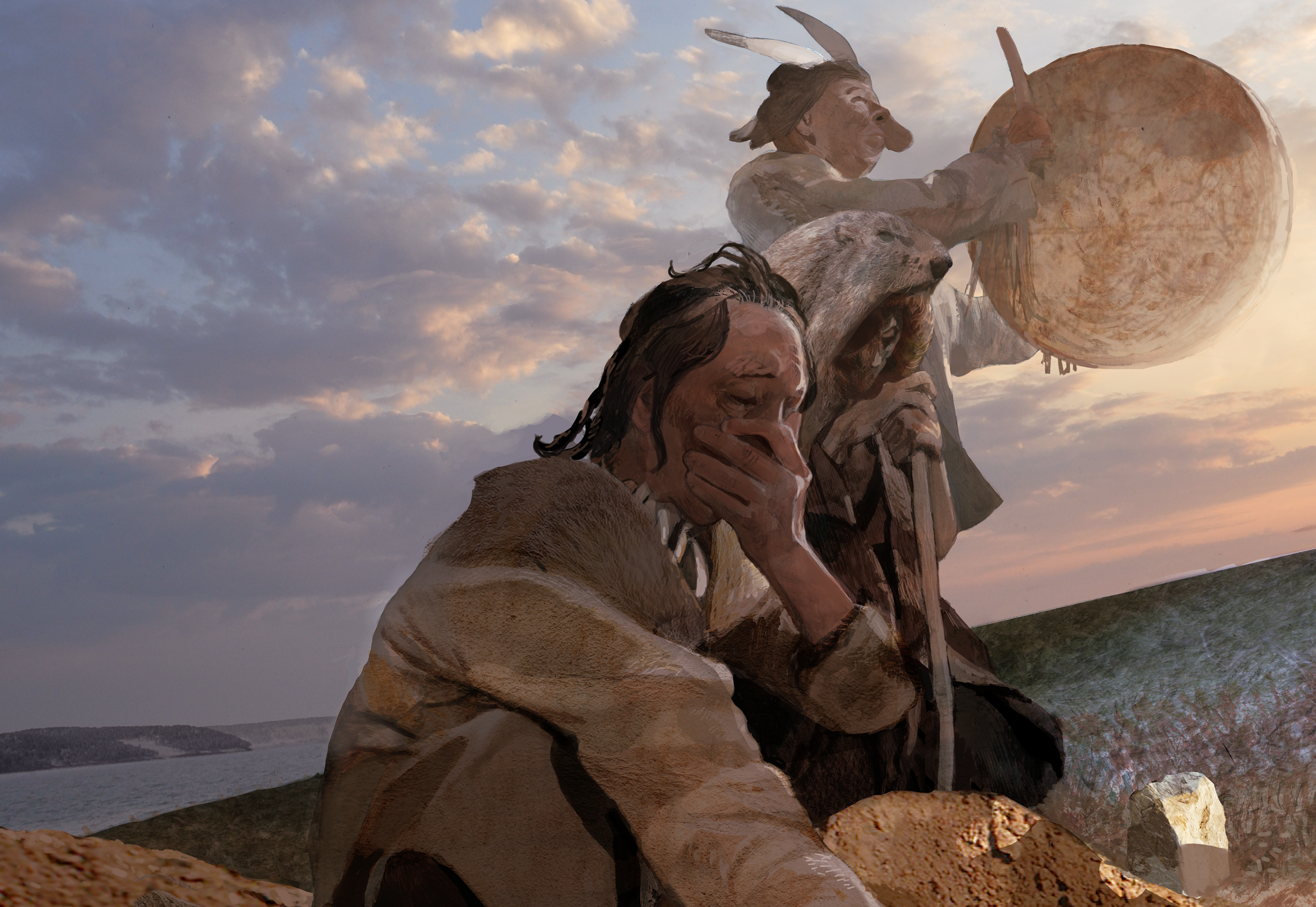 Artistic reconstruction of Baikal hunter-gatherers from 5500 years ago burying victims of plague. Credit: Kelvin Wilson.