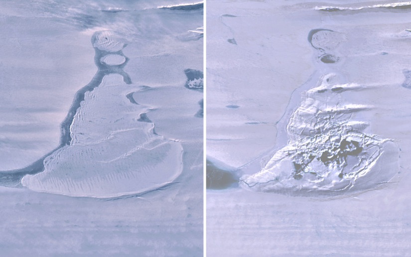 Landsat 8 images over the Southern Amery Ice Shelf show the ice-covered lake before drainage and the resulting ice doline with summer meltwater. Photo from the study