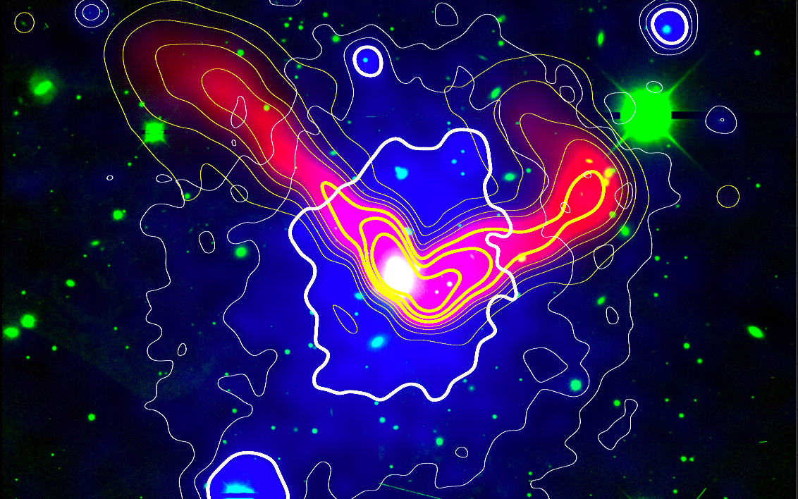 The Northern Clump as it appears in X-rays (blue, XMM-Newton satellite), in visual light (green, DECam), and at radio wavelengths (red, ASKAP/EMU). Copyright: Veronica et al.