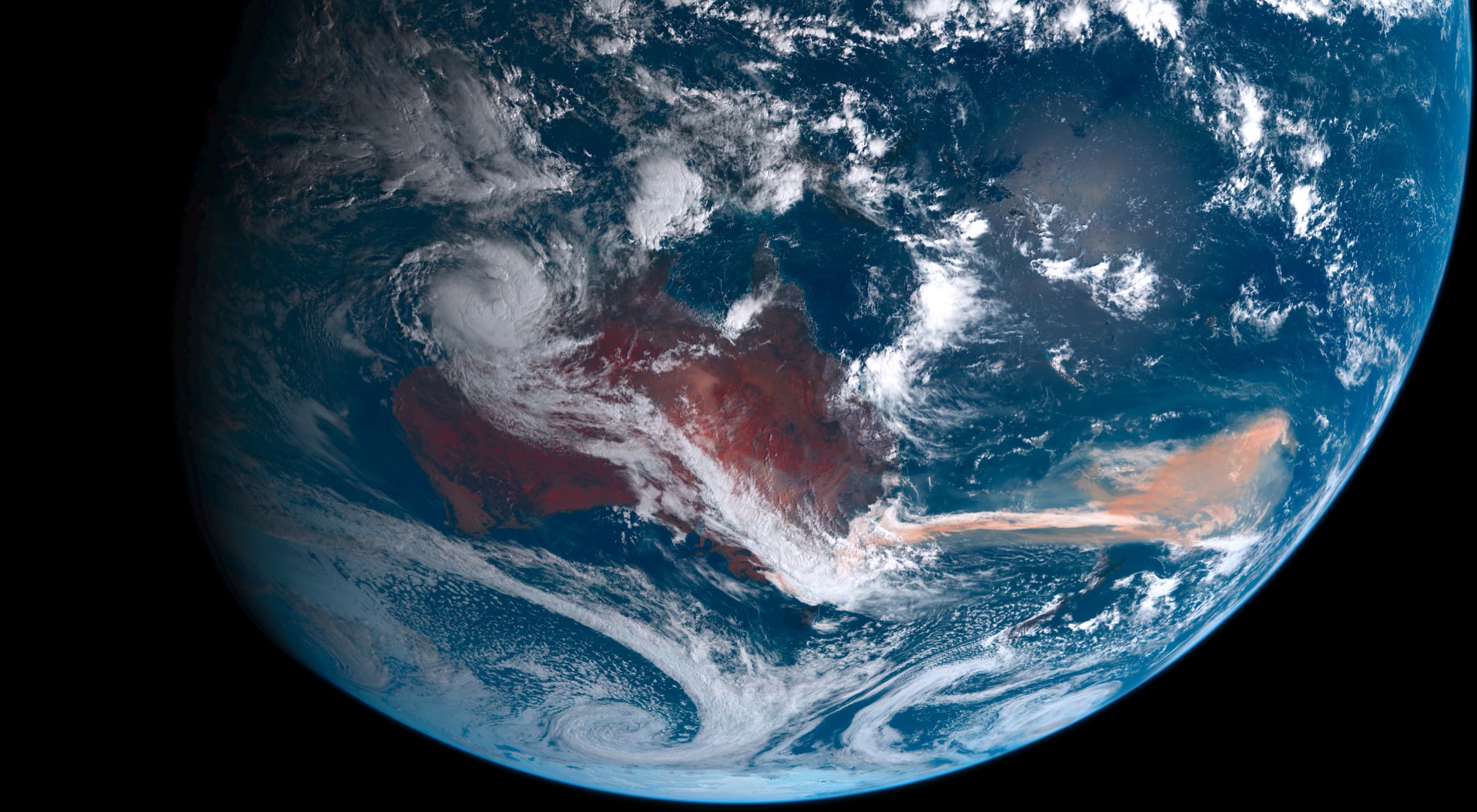 Himawari-8 satellite image showing the January 2020 aerosol plume stretching over the South Pacific.