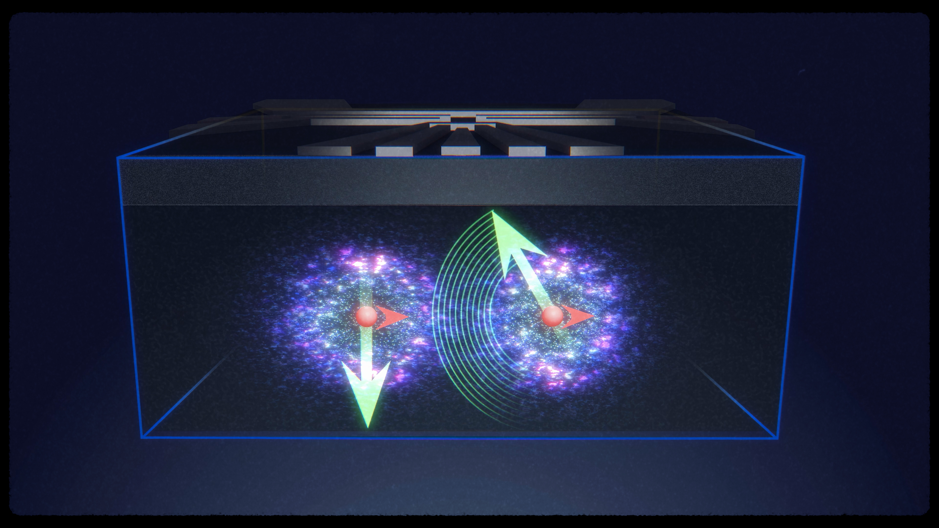 Artist’s impression of two nuclear spins, remotely entangled via the geometric gate applied via the electron. Image credit: Tony Melov / UNSW Sydney