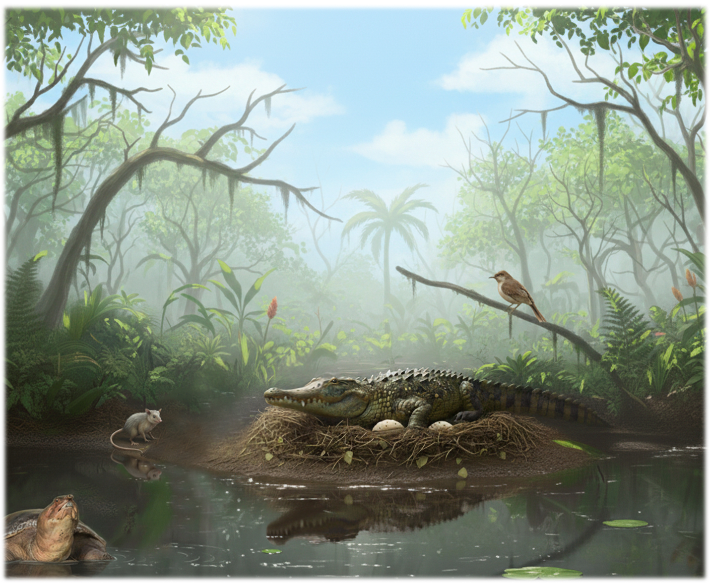 Virtual reconstruction of the Murgon paleoecosistem during the early eocene, 55 Mya. Image generated with Google Gemini AI. Also shown is one of the abundant giant soft-shell turtles Murgonomys braithwaitei, an archaic marsupial Djarthia murgonensis and an unnamed ancestral song-bird. The clays that form the fossil deposit were accumulated in this ancient lake.