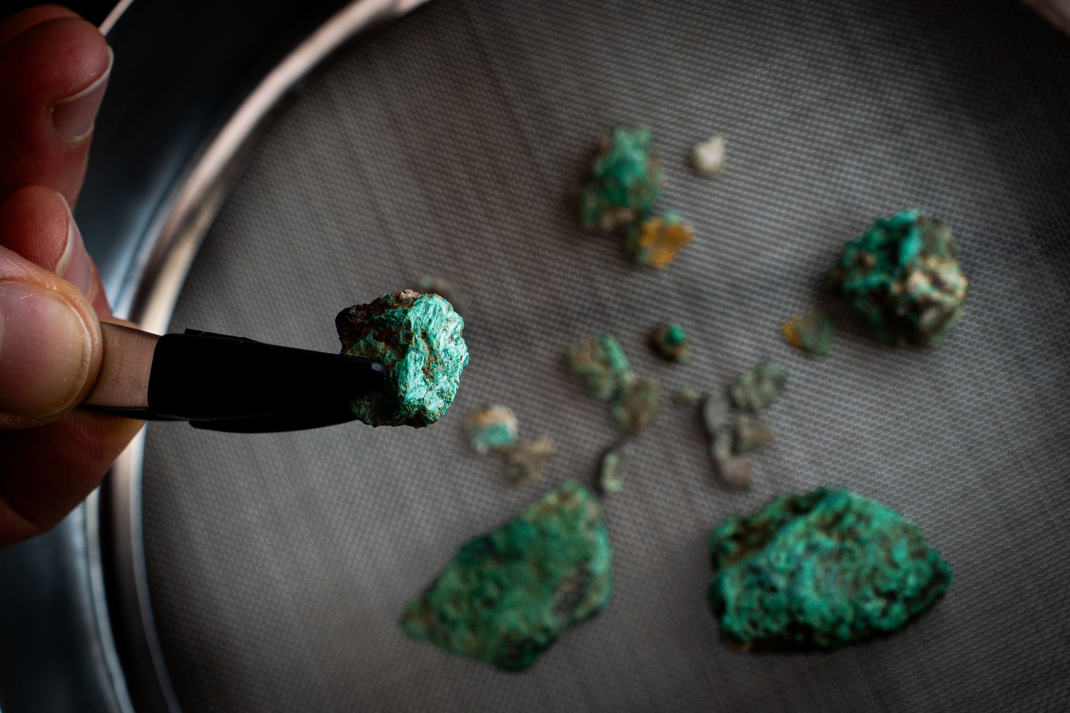 Photo_6. Malachite fragments, a mineral rich in copper, recovered during the excavation works at Cova 338. Authorship: Maria D. Guillén / IPHES-CERCA.