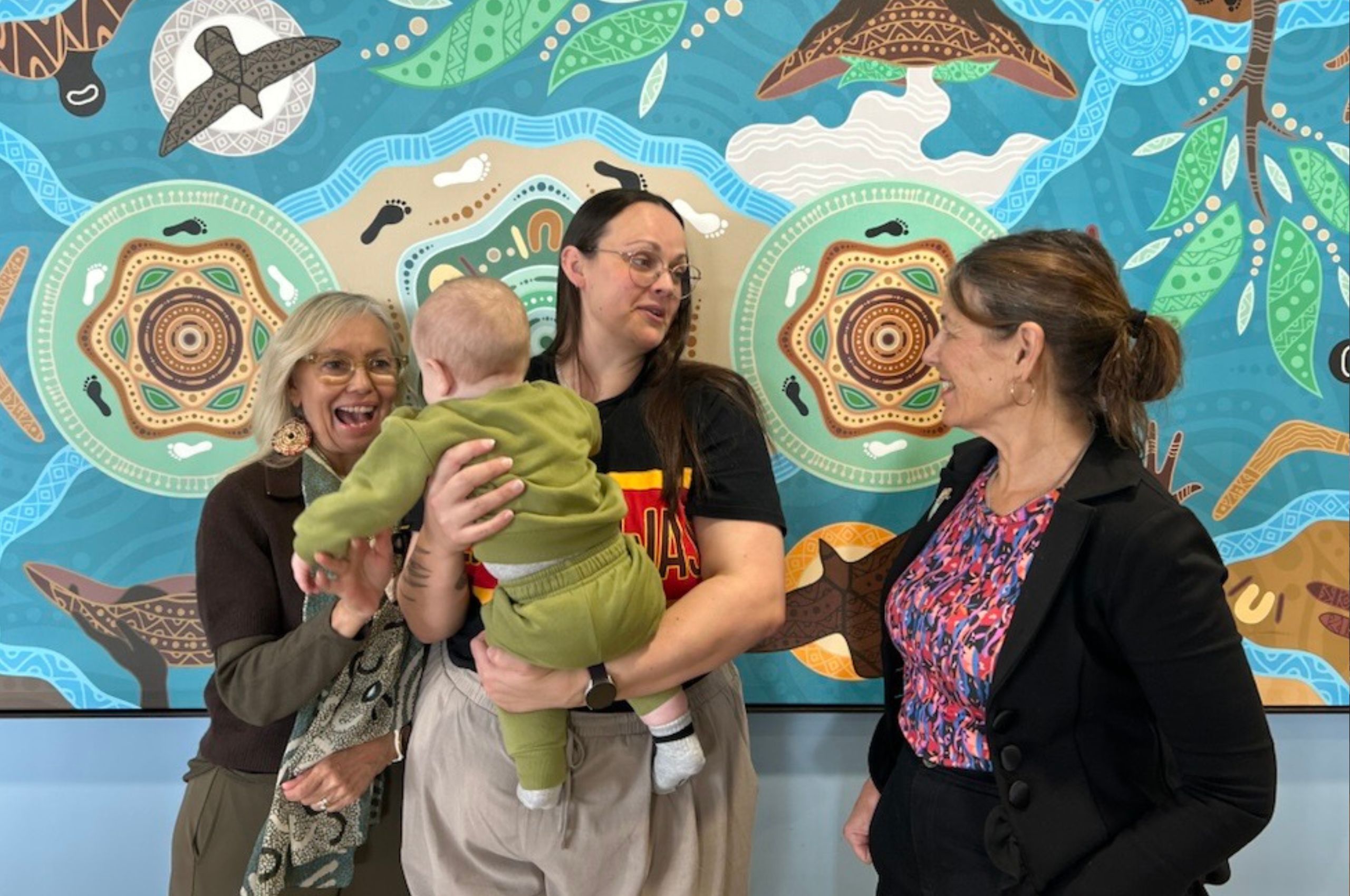 La Trobe University: (L-R) Jo Pappas, Mercy Hospital for Women Manager of Aboriginal Programs, mum Sarah Bayliss with son Jiraiya who came through Mercy's Nangnak Baban Murrup continuity of care model, and Professor Della Forster, lead researcher at La Trobe University.