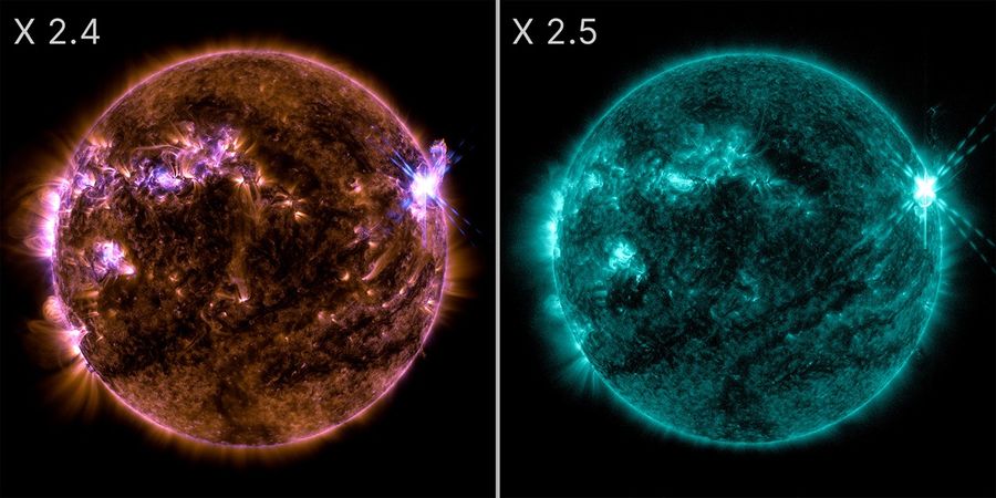 NASA’s Solar Dynamics Observatory captured these images of solar flares — seen as the bright flashes in the top right — on April 23 and 24, 2026. The images show a subset of extreme ultraviolet light that highlights the extremely hot material in flares and which is colorized in in gold and blue on the left and teal on the right. CREDIT: NASA/SDO