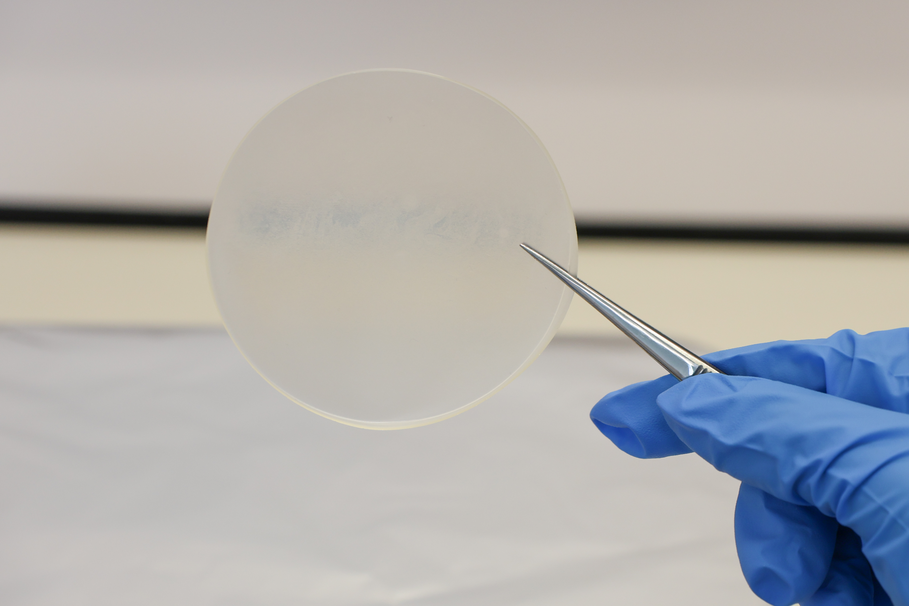 A sample of the new casein-starch polymeric film developed at Flinders University's Advanced Materials Lab at Tonsley.