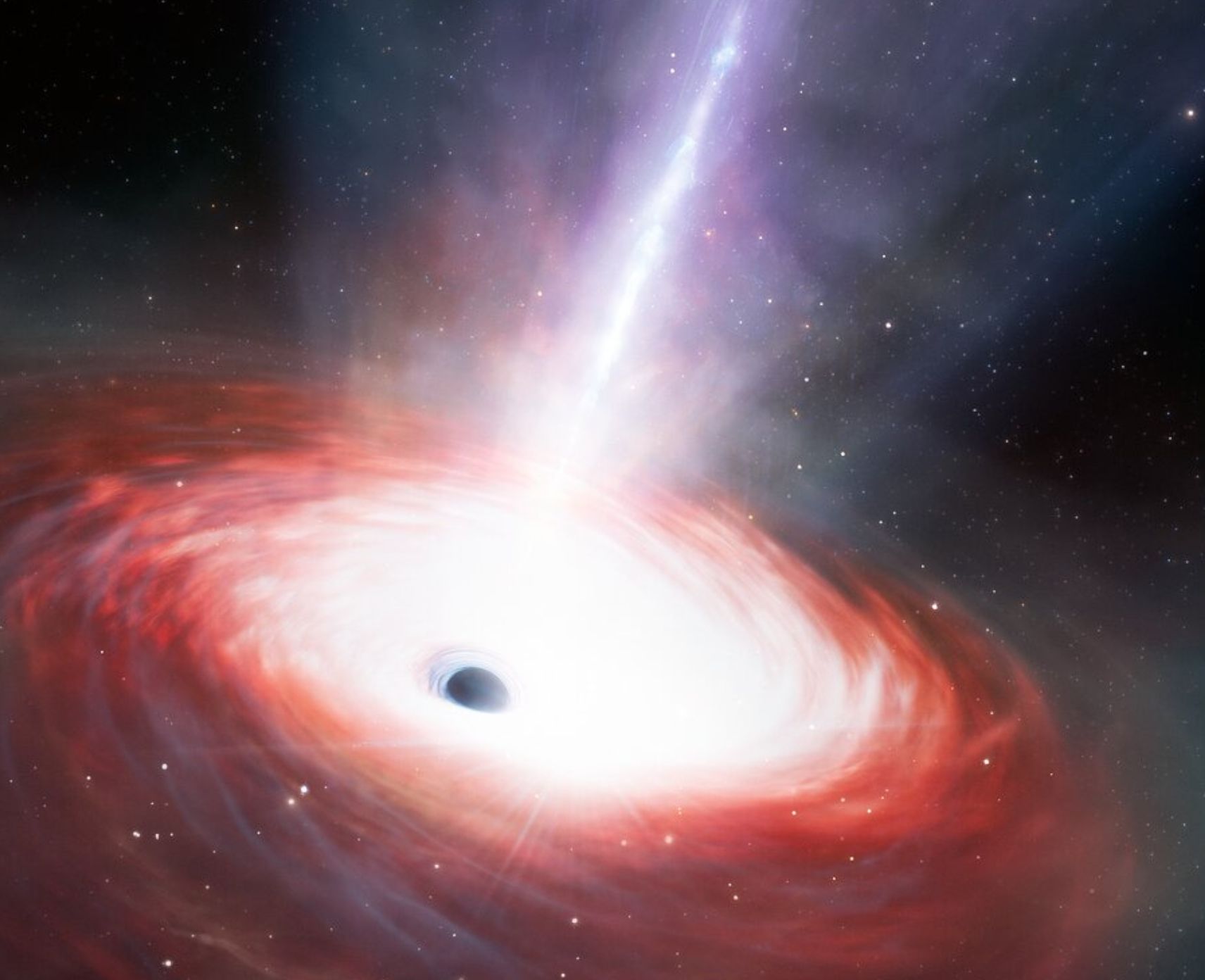 Artist's impression of a rapidly feeding black hole that is emitting powerful gas outflows. Credit: NOIRLabNSFAURAJ. da SilvaM. Zamani 