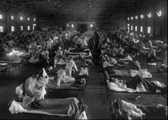 1918 Influenza victims crowd into an emergency hospital