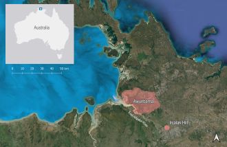 Map showing the location of Awunbarna (Mt Borradaile) and Injalak Hill, Northern