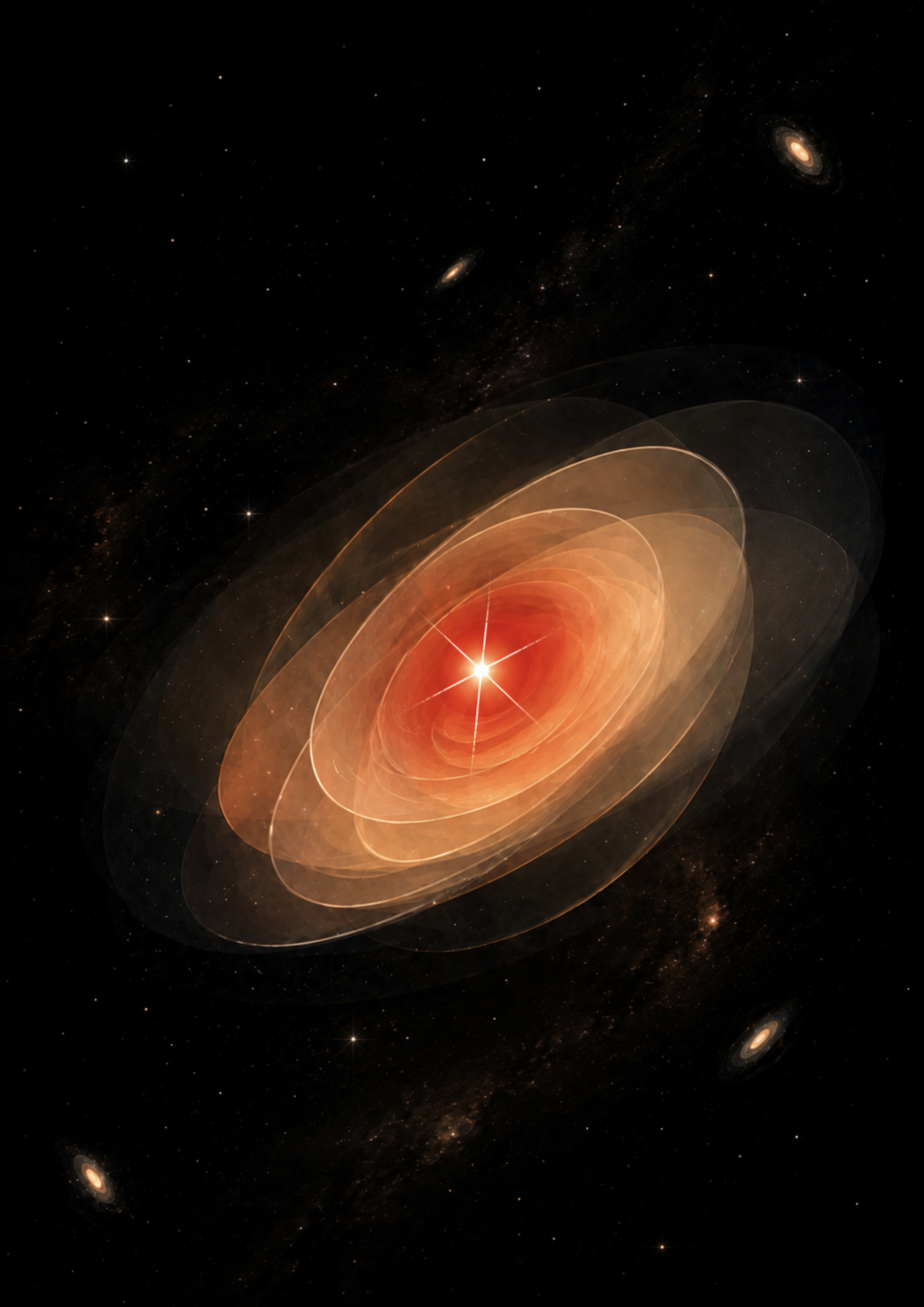 An artist’s impression of a Little Red Dot in the early Universe, showing a bright, compact central source embedded within a faint host galaxy. The morphology and size of the host galaxy are artistically exaggerated for visualisation, while JWST observations reveal that these seemingly point-like objects can contain an extended component. Credit: Ruiyuan Guo (denisehpp@163.com) & Xuheng Ding