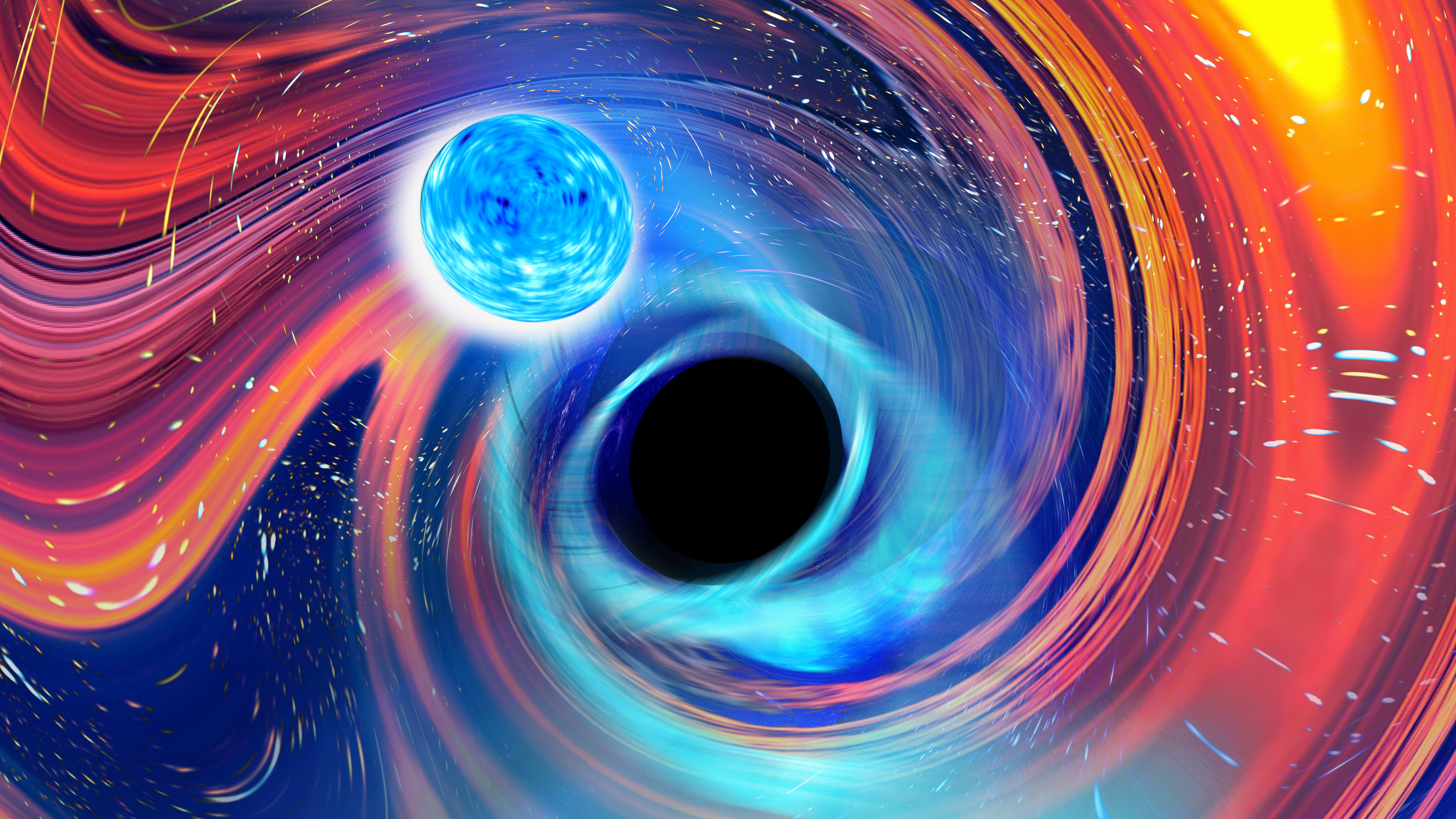 Caption: Artist’s impression of a neutron star and black hole about to merge.  Credit: Carl Knox, OzGrav-Swinburne University. 