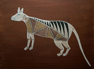 A thylacine painting on canvas made in 2017 by Kunwinjku artist Nicodemus Nayili