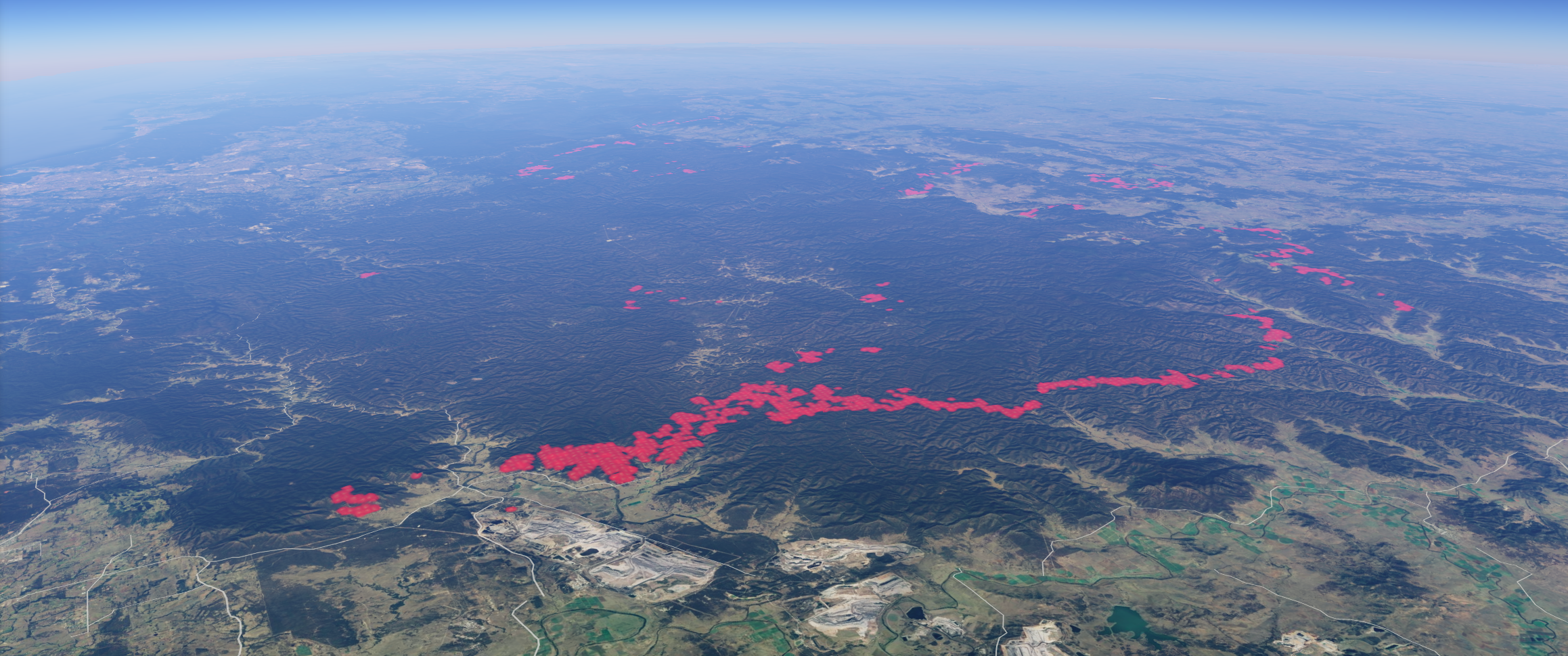 Satellite thermal image overlay on Google Earth - looking south over the Gospers Mountain fire front on Boxing Day 2019