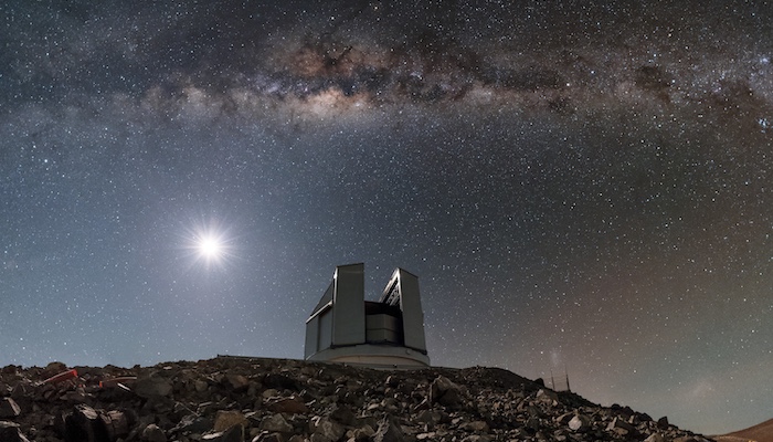 VISTA telescope: The VISTA telescope at the European Southern Observatory's Paranal Observatory in Chile, now equipped with the 4MOST instrument featuring AAO's AESOP fibre positioning system. Credit: ESO
