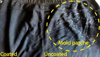 A "real-world" anti-mildew performance test conducted on a pair of trousers