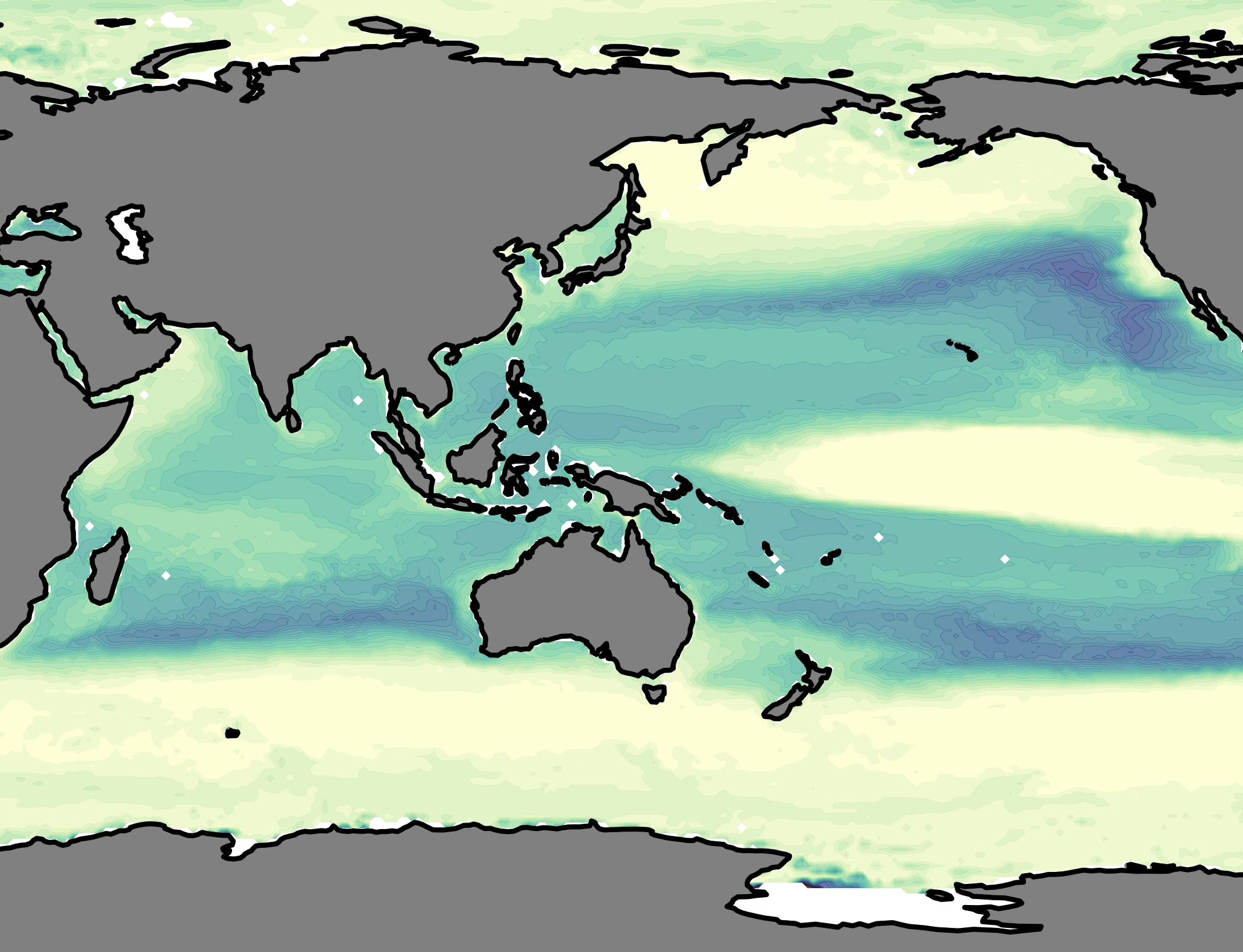 WOMBATlite output in ACCESS-OM3 showing chlorophyll depth in the ocean. Credit: Dougie Squire (ACCESS-NRI) and Pearse Buchannan (CSIRO).