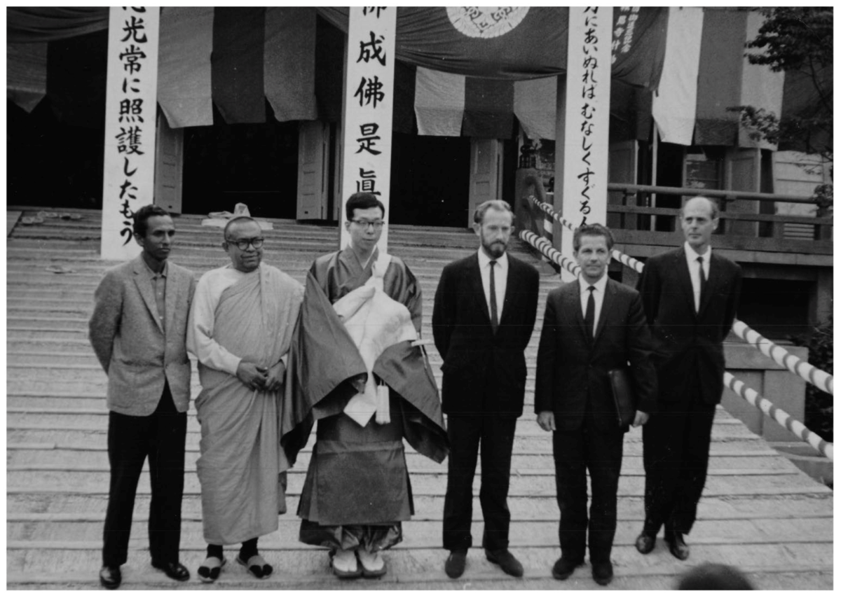drian Snodgrass at Higashi-Hongan-ji Temple, Kyoto, Japan (c.1963). Starting third from  left, Bando Shojun (Shin Buddhist priest and scholar); Adrian Snodgrass; Harold Stewart (Sydney  poet); Rodney Timmins (Melbourne musician)