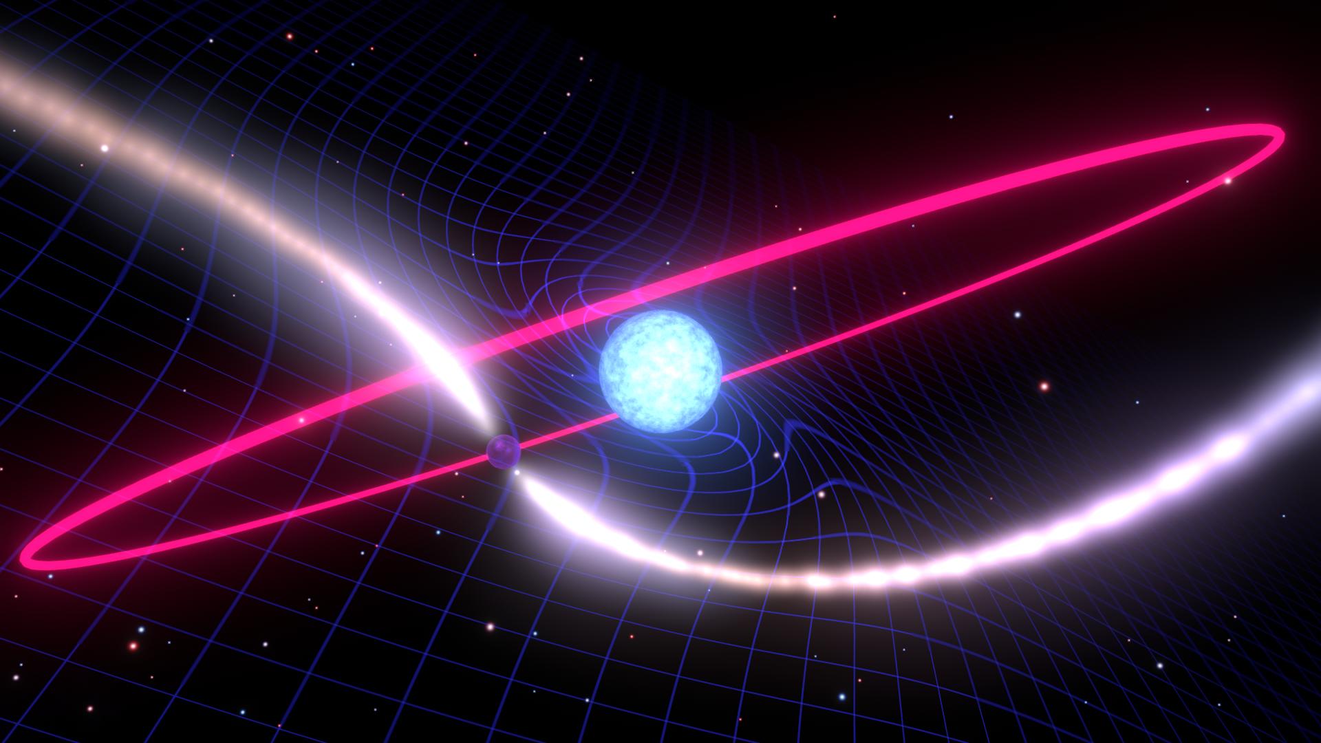 Artist’s depiction of a rapidly spinning neutron star and a white dwarf dragging the fabric of space time around its orbit. Credit: Mark Myers, OzGrav ARC Centre of Excellence.