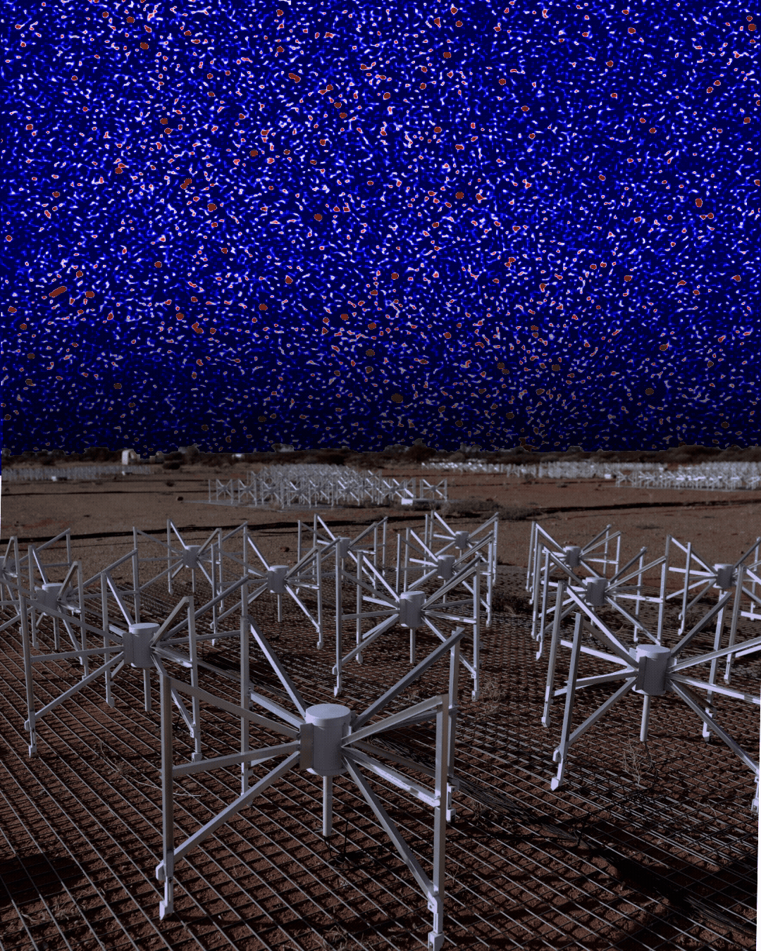 The image of the radio sky (background) is the 'cleanest' signal ever produced using data from the Murchison Widefield Array (foreground). Credit: Nunhokee et al/ICRAR/Curtin University