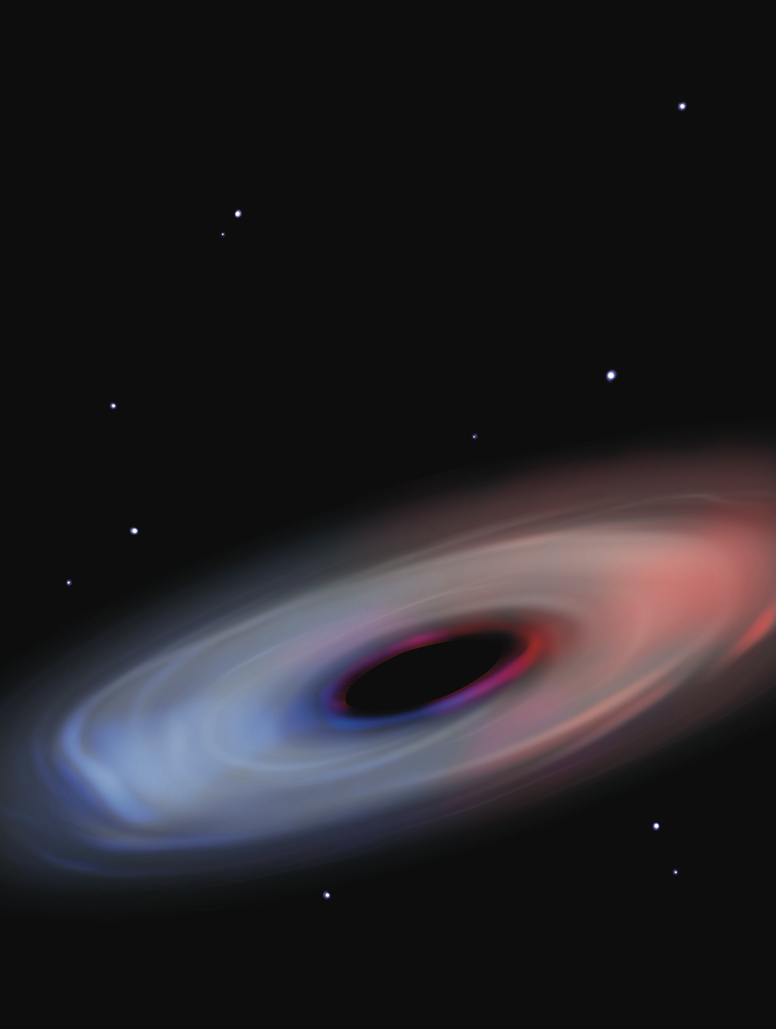 Credit: Jiarong Gu. An artist's impression of the gas surrounding the black hole of Abell2744-QSO1 - the colors illustrate its swirling, circular motions. The red edge of the disc is receding from the viewer, while the blue one is coming towards.