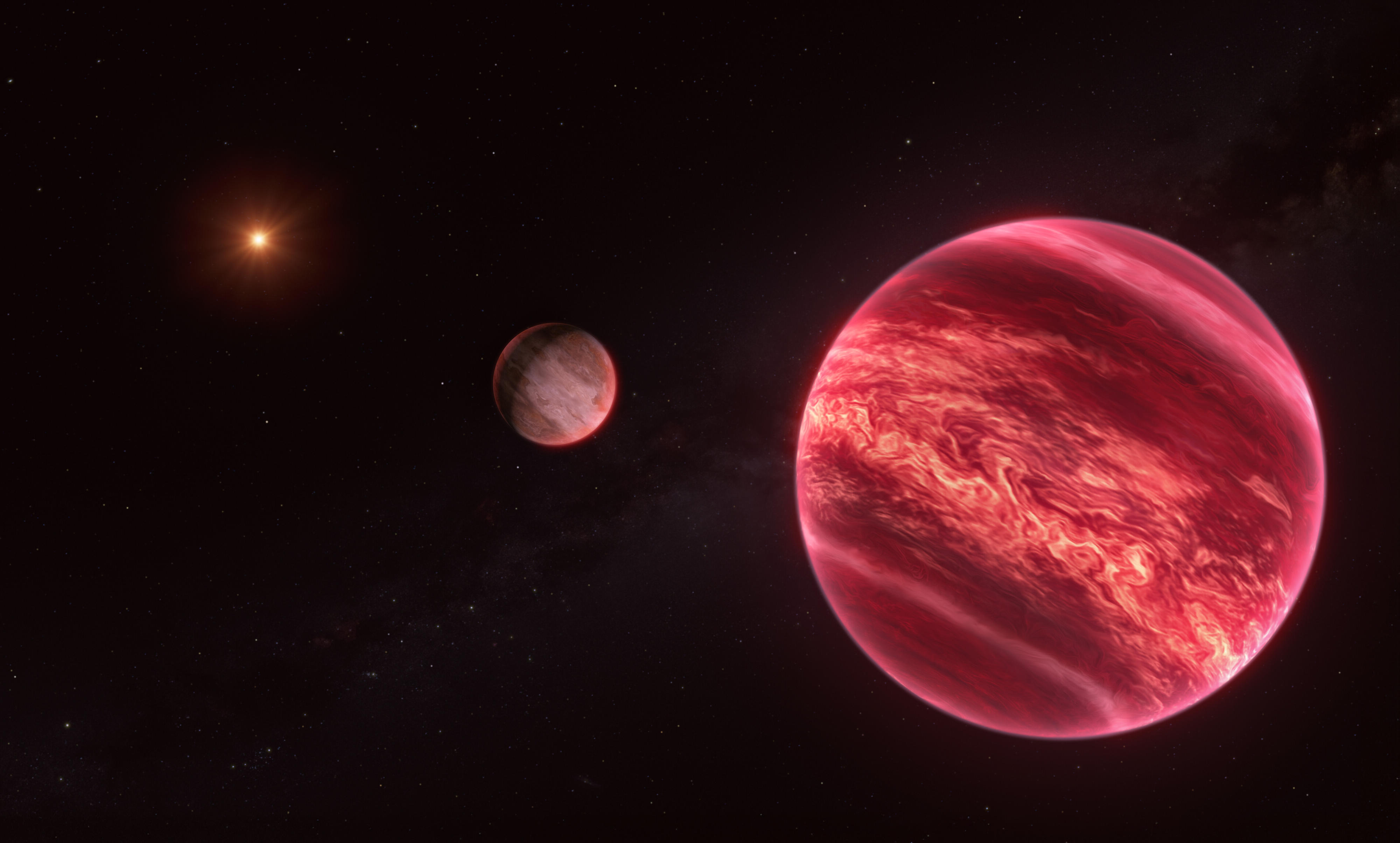 Artist’s impression of CD-35 2722, a system with a moon-like object This illustration shows the system around the star CD-35 2722, with the newly found moon-like object at the centre. The star –– the point source to the left –– has about half the mass of our Sun, and it is orbited by a brown dwarf, the reddish-brown object seen here in the foreground (right). The brown dwarf has about 37 times the mass of Jupiter: too massive to be a planet, but not massive enough to have sustained nuclear fusion like stars. This brown dwarf is, in turn, orbited by a newly discovered object at least as massive as Jupiter, seen at the centre of this image. This new object, found with ESO’s Very Large Telescope (VLT), is difficult to label. It behaves like a moon in the sense that it orbits an object that orbits a star. But this ‘moon’ is massive enough to be a planet, and the object it orbits, a brown dwarf, is neither a planet nor a star.  Credit: ESO/M. Kornmesser