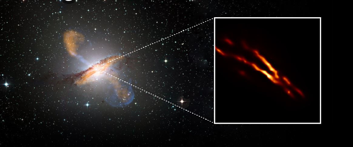 Highest resolution image of Centaurus A obtained with the Event Horizon Telescope on top of a color composite image of the entire galaxy. •	Credit: R. Bors; ESO/WFI; MPIfR/ESO/APEX/A. Weiß et al.; NASA/CXC/CfA/R. Kraft et al.; EHT/M. Janßen et al.