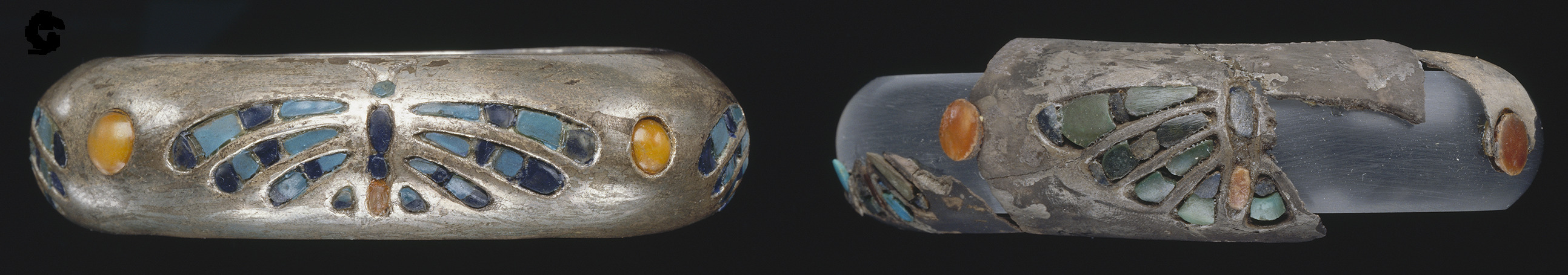 A bracelet (right) in the Museum of Fine Arts, Boston, MFA 47.1700 showing a butterfly inlaid with turquoise, lapis lazuli and carnelian. The bracelet on the left is an electrotype reproduction made in 1947, MFA 52.1837 (Harvard University—Boston Museum of Fine Arts Expedition; Photographs © May 2023 Museum of Fine Arts, Boston)