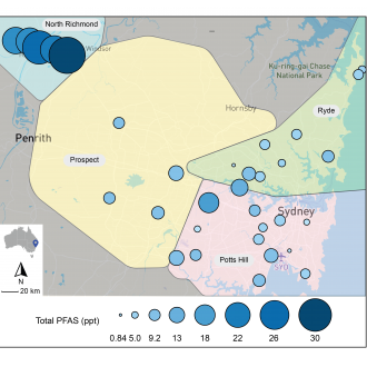 Map of Sydney water catchments showing PFAS concentrations
