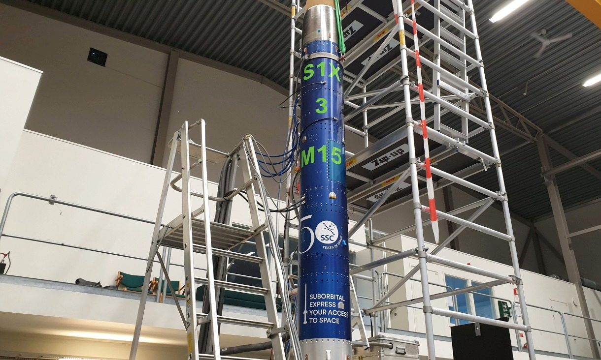 The payload section of the Suborbital Express 3 - M15 59 sounding rocket on the assembly pad. Credit Gail Iles, RMIT University