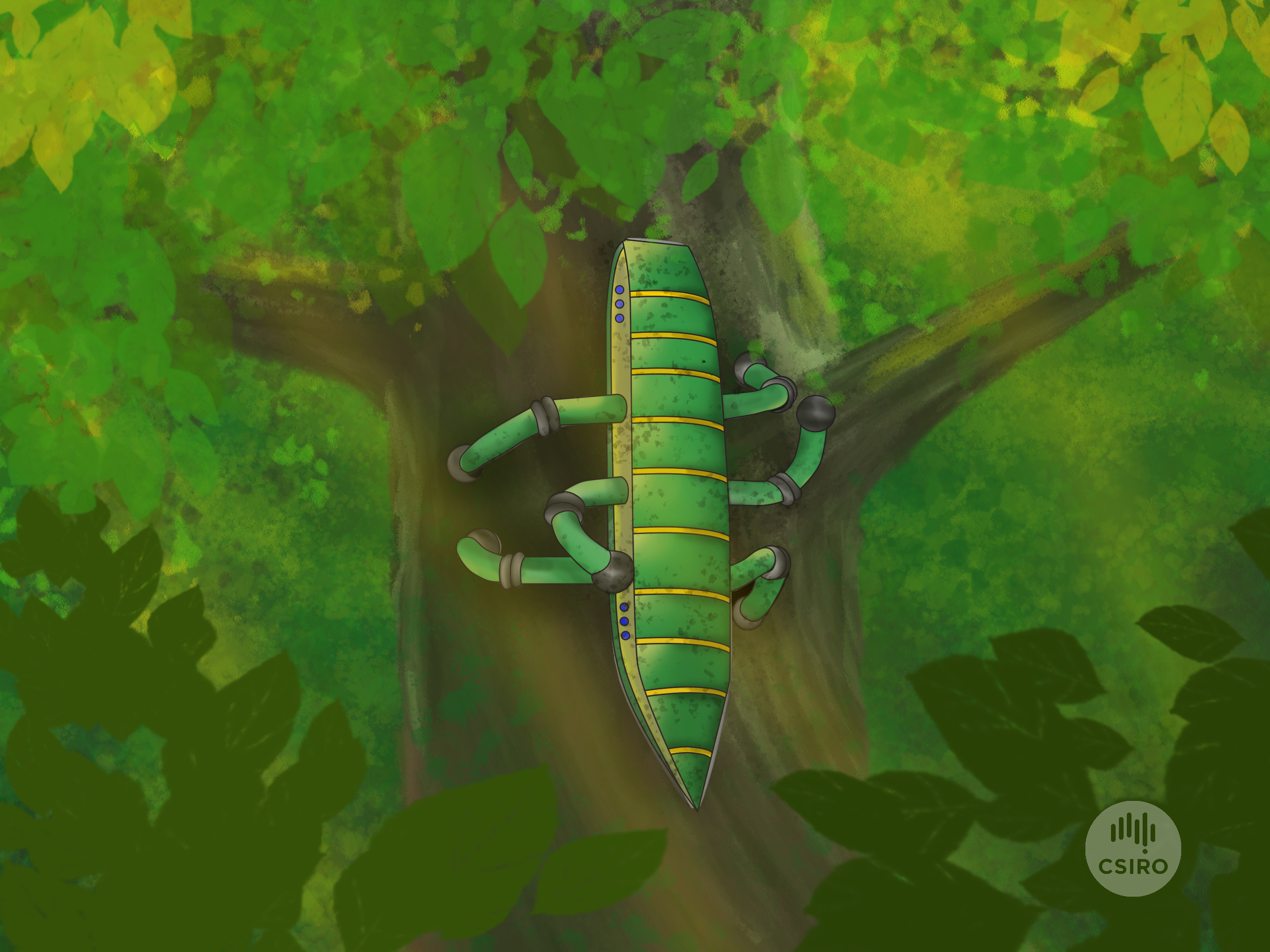 An artist’s impression of a robot for use in the Amazon. Based on tree crawling lizards and gecko, it would have articulated legs for more flexibility and climbing.