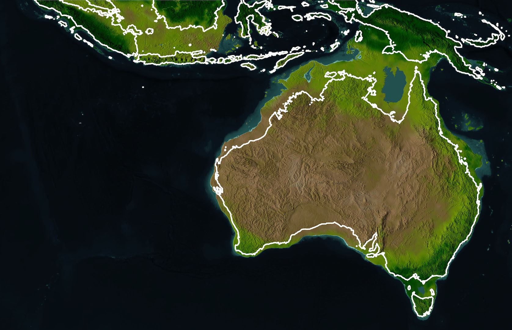 The modern Australian coastline compared to the former super-continent of Sahul