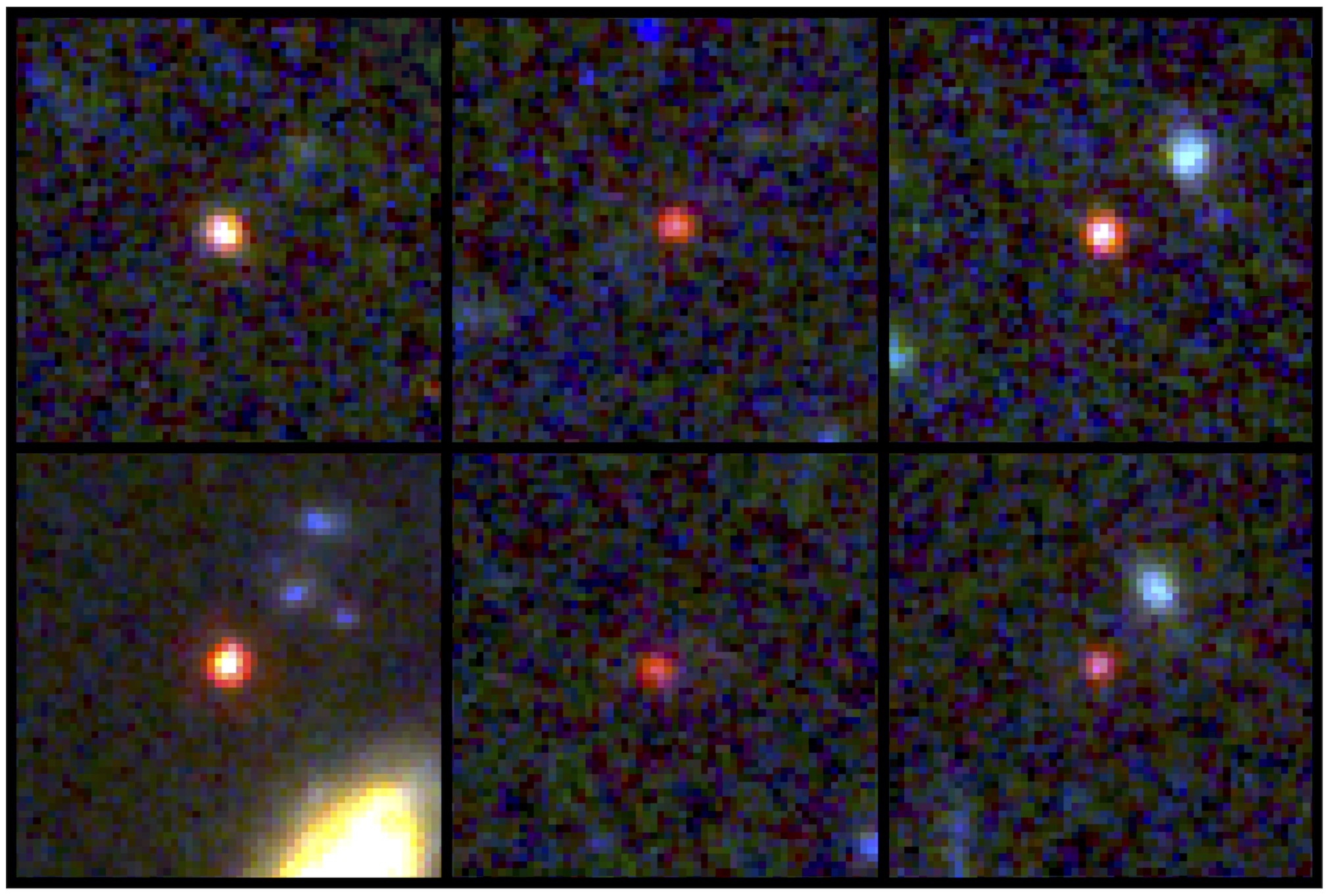 Images of six candidate massive galaxies, seen 500-800 million years after the Big Bang. One of the sources (bottom left) could contain as many stars as our present-day Milky Way, but is 30 times more compact.   These images are a composite of separate exposures taken by the James Webb Space Telescope using the NIRCam instrument.  NASA, ESA, CSA, I. Labbe (Swinburne University of Technology). Image processing: G Brammer (Niels Bohr Institute’s Cosmic Dawn Center at the University of Copenhagen).