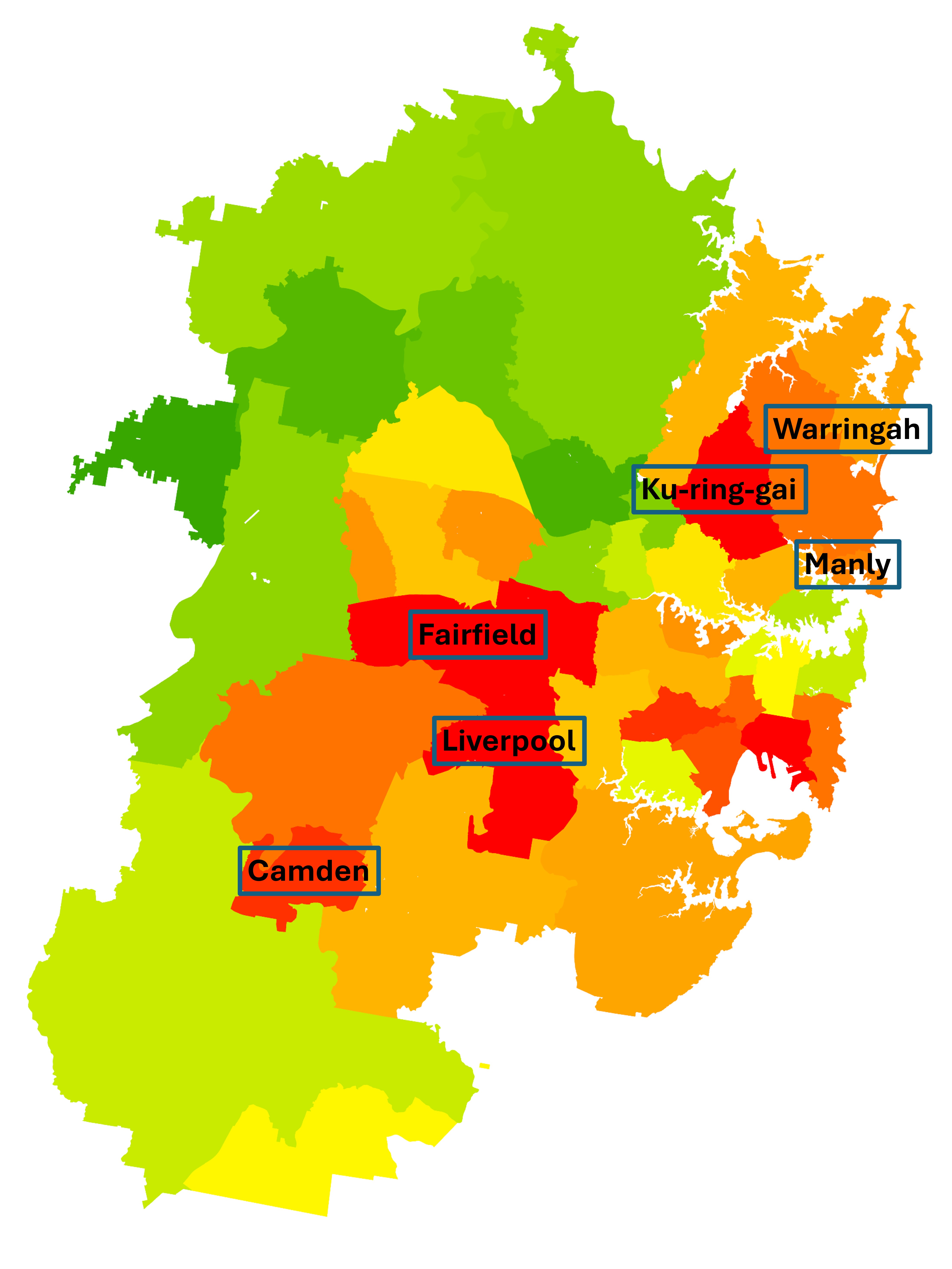Analysis of Greater Sydney on tree coverage. Red areas indicate streets or blocks that received fewer trees than expected. Source: Pakizeh et al.