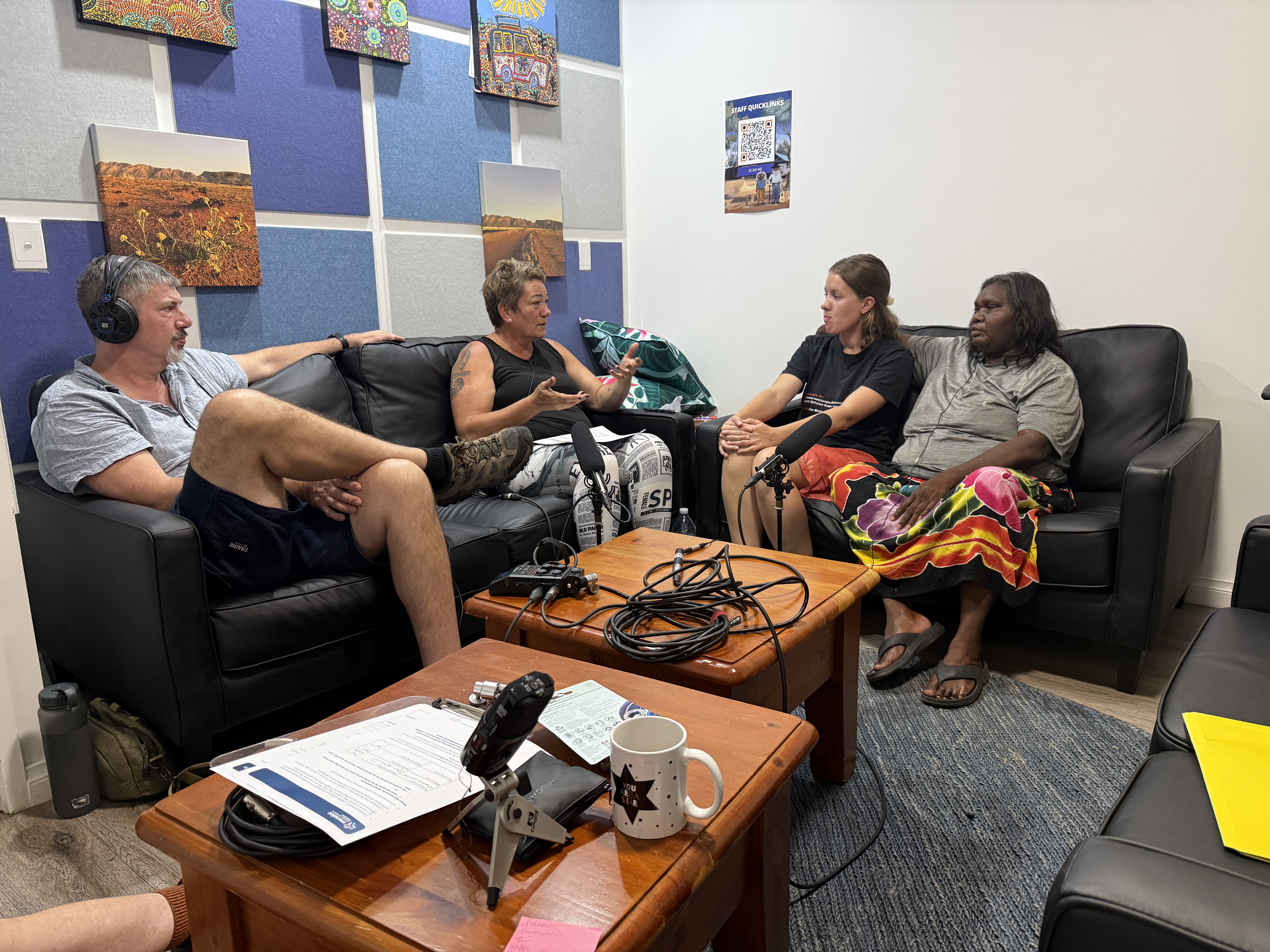 Podcast recording in action with Will Tinapple, Donna Lemon Napaltjarri, Katie Merriman and Isobel Nampitjinpa Major.