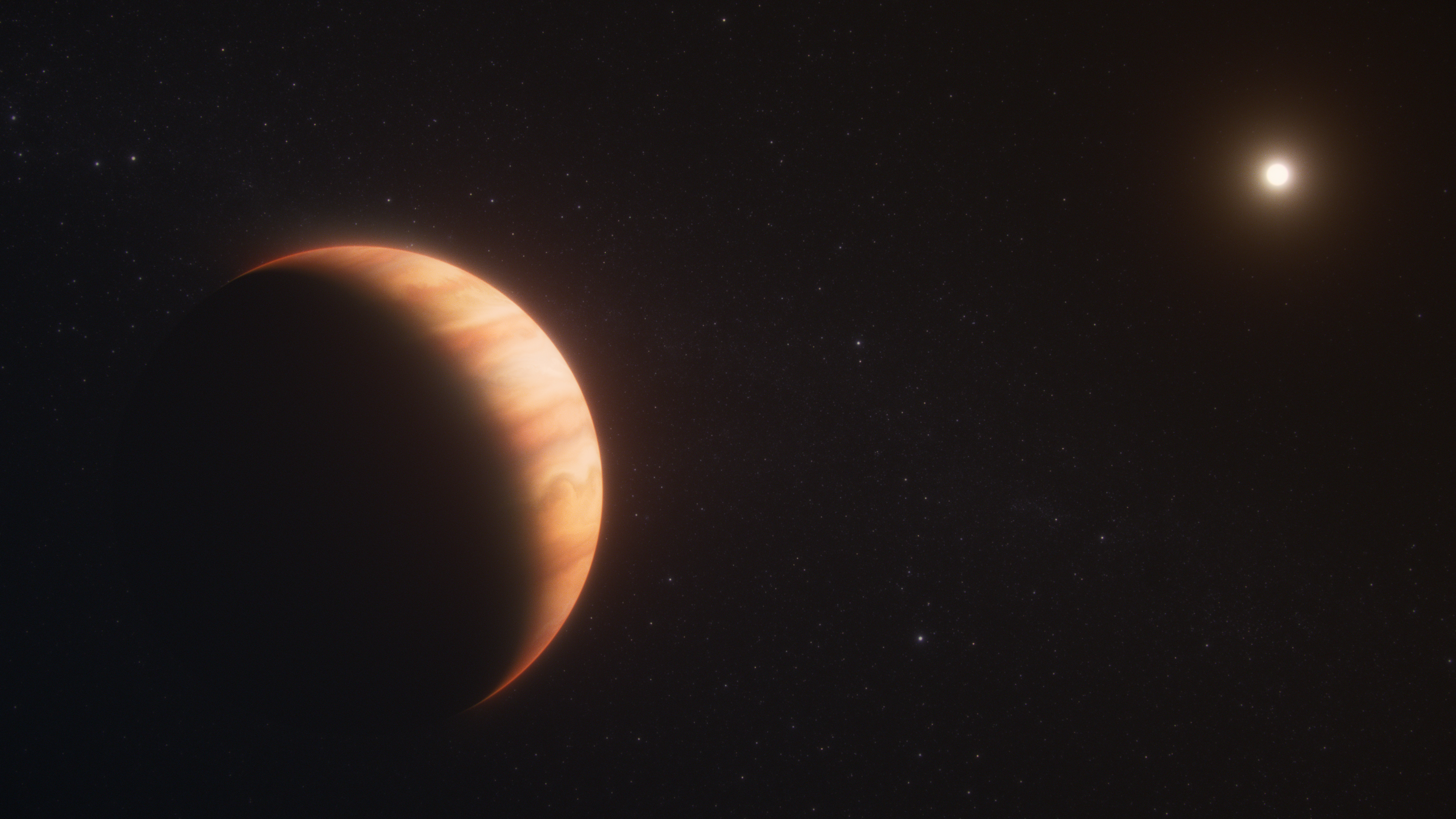 Caption: Artist concept of the gas giant planet WD 1856 b orbiting a white dwarf star. The planet is 7 times larger than the Earth-sized white dwarf it orbits. WD 1856 b has methane and hazes in its atmosphere, which would give it a similar colour to Saturn's moon Titan. The white dwarf formed from a star that died 5 billion years ago, and has been cooling ever since, giving it an orange colour similar to the Sun. Credit: NASA, ESA, CSA, Ralf Crawford (STScI)