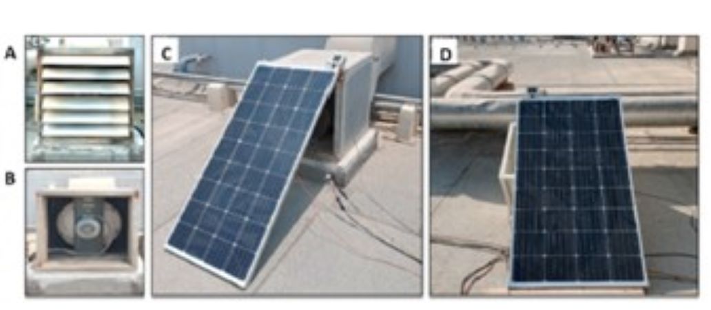 Schematic of experimental setup and Experimental prototype: (A) Standard exhaust, (B) Exhaust without fins, (C) Solar PV Panel with back cooling from exhaust air, (D) Reference Solar PV Panel without cooling. Credit: Prof. Chaouki Ghenai
