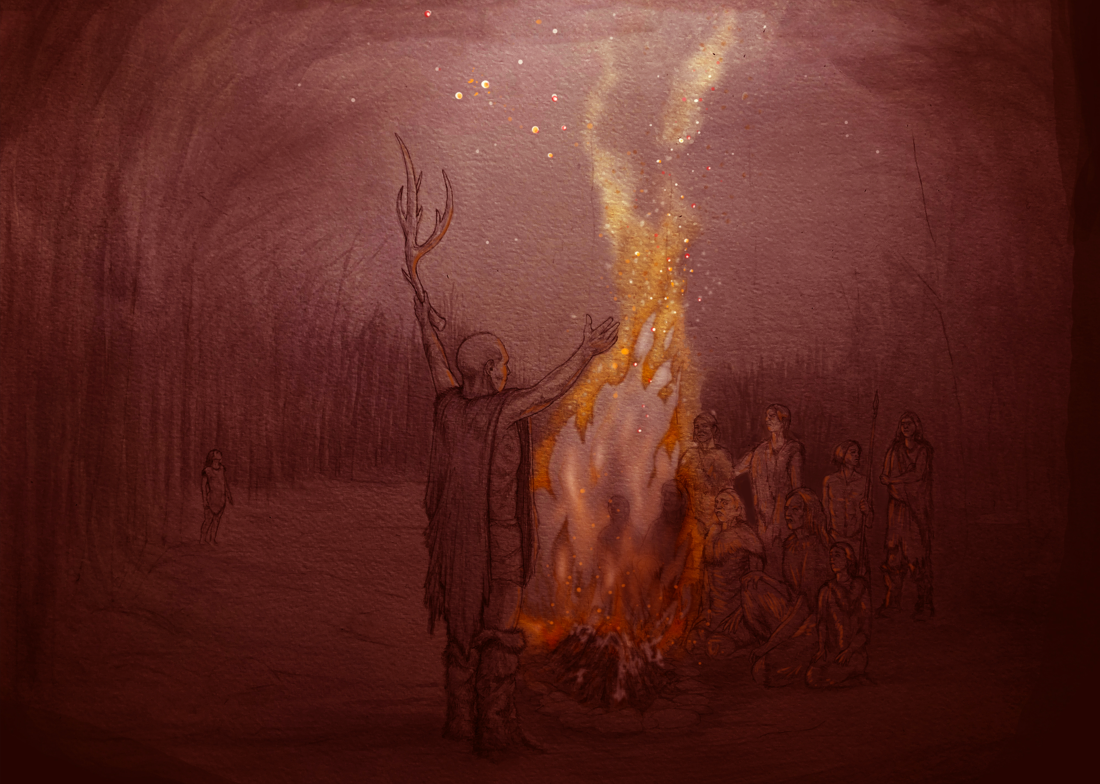 Artist’s impression of fire at Barnham around 400,000 years ago. Credit: Craig Williams, The Trustees of the British Museum
