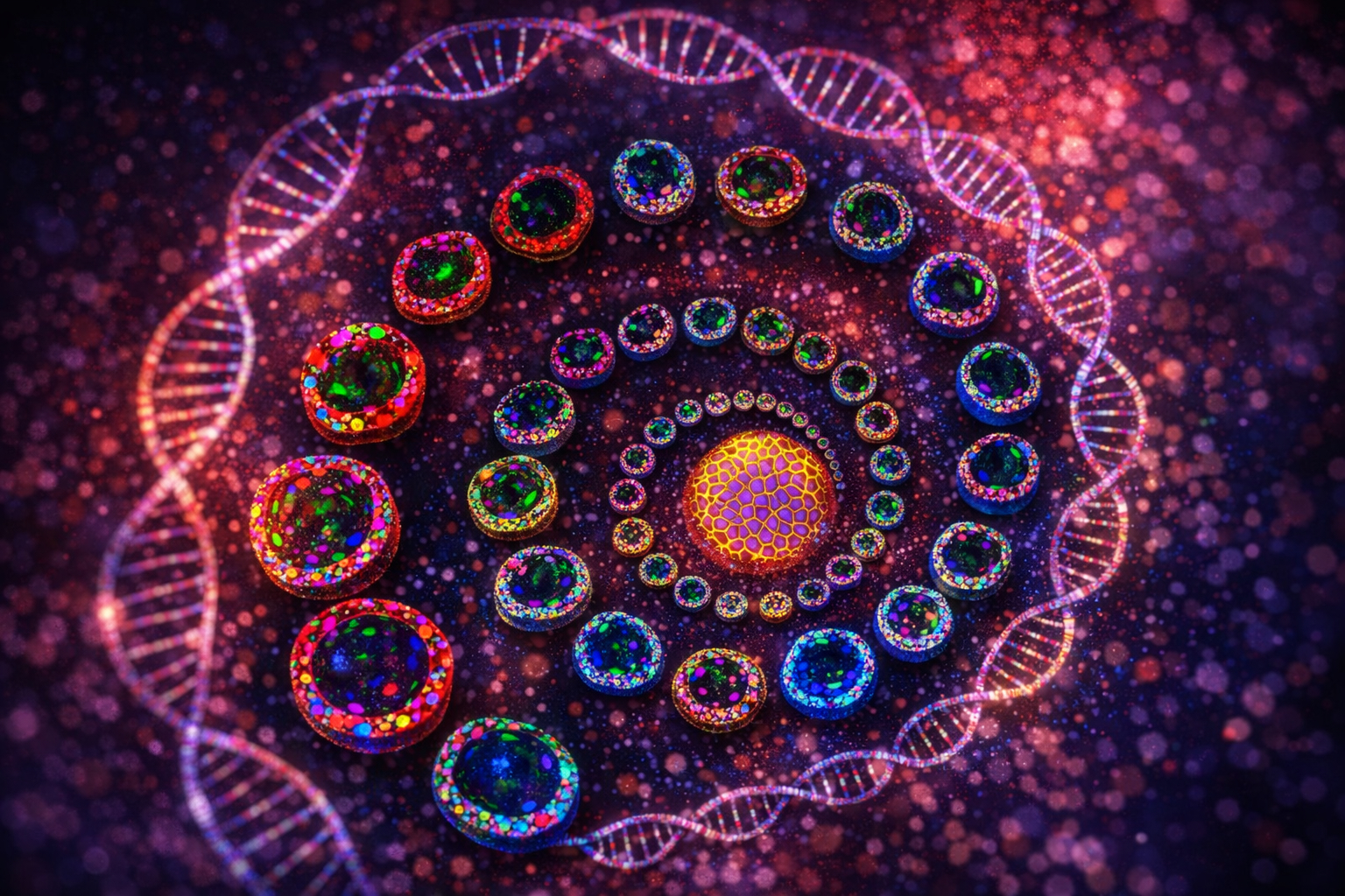 An artistic rendering of airway organoids spiralling around DNA, capturing how each child’s unique biology shapes their path to the right cystic fibrosis treatment. Image: Shafagh Waters