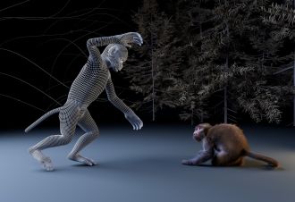 Two macaque avatars are shown in an interaction