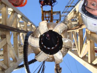 Drill being prepared to collect fossilised coral cores 