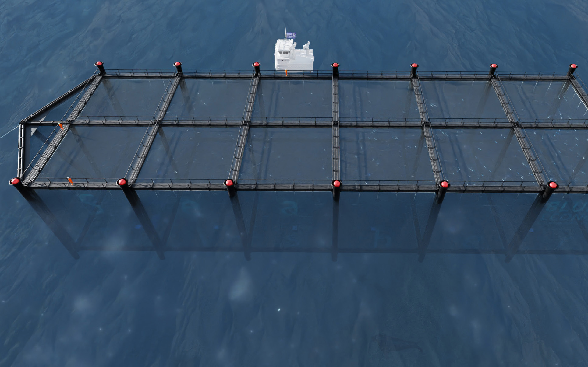 A render of the SeaFisher pen holding fish stocks in deep water/ Blue Economy CRC